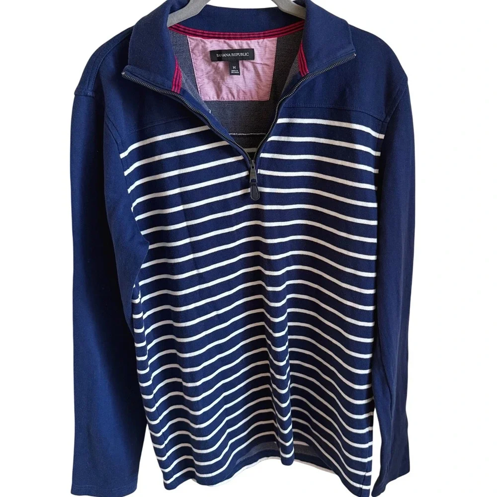 Modern‎ Prep Coastal Stripe Quarter Zip Pullover Navy Cotton Banana Republic M